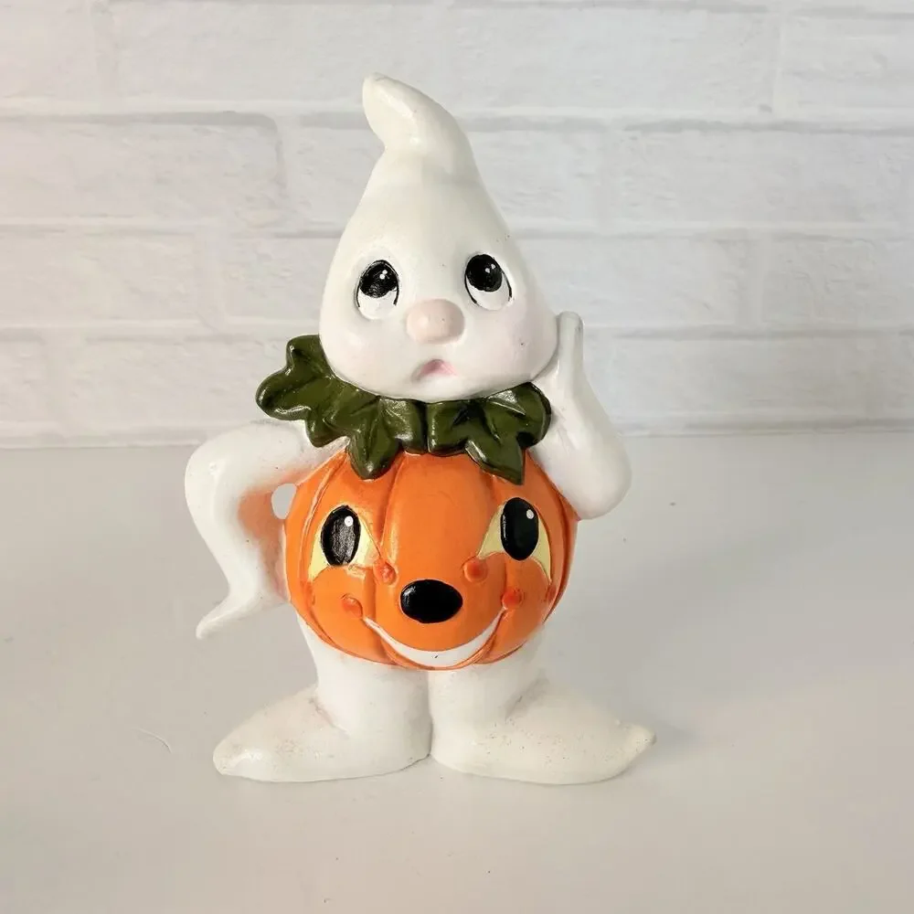 Vtg Ceramic Halloween Ghost Pumpkin Belly Figurine Anthropomorphic Set of 2